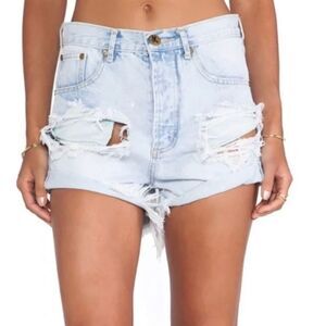 ONE by One Teaspoon Outlaws Distressed Button Fly Raw Hem Cotton Denim Shorts Si